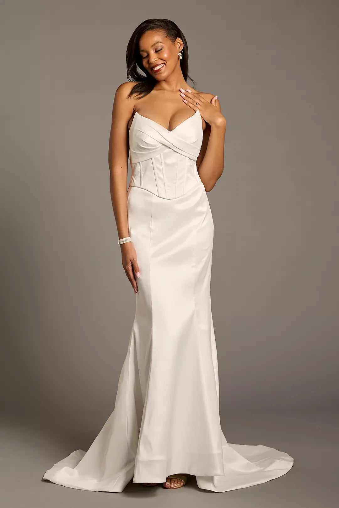Sophisticated Satin Sheath Sweetheart Strapless Button-Back Floor-Length Wedding Dresses