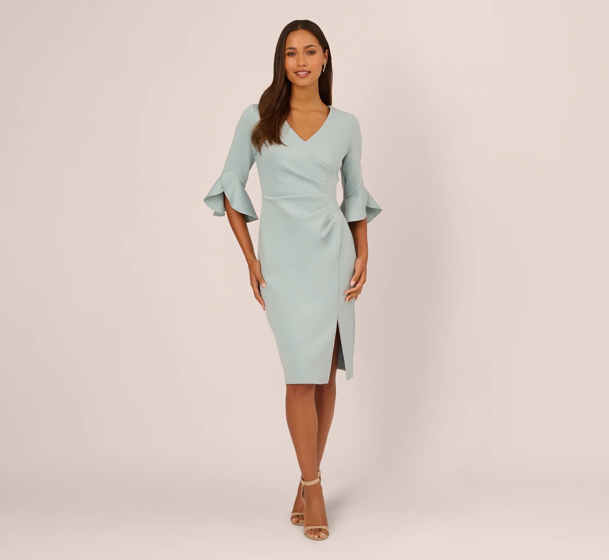 Sophisticated Satin Sheath V-Neck 3/4 Bell Sleeve Zipper Back Midi Mother of the Bride Dresses
