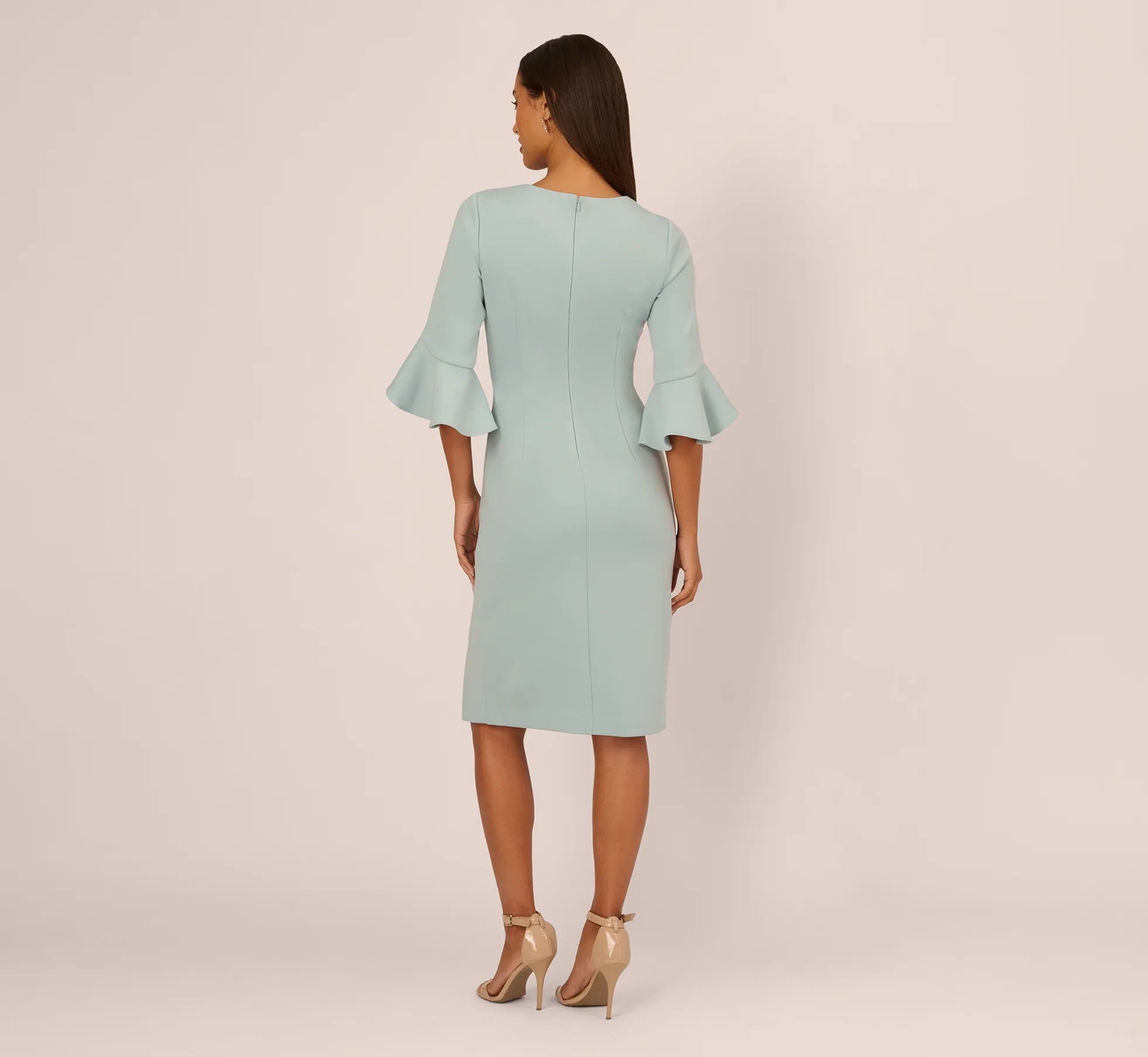 Sophisticated Satin Sheath V-Neck 3/4 Bell Sleeve Zipper Back Midi Mother of the Bride Dresses