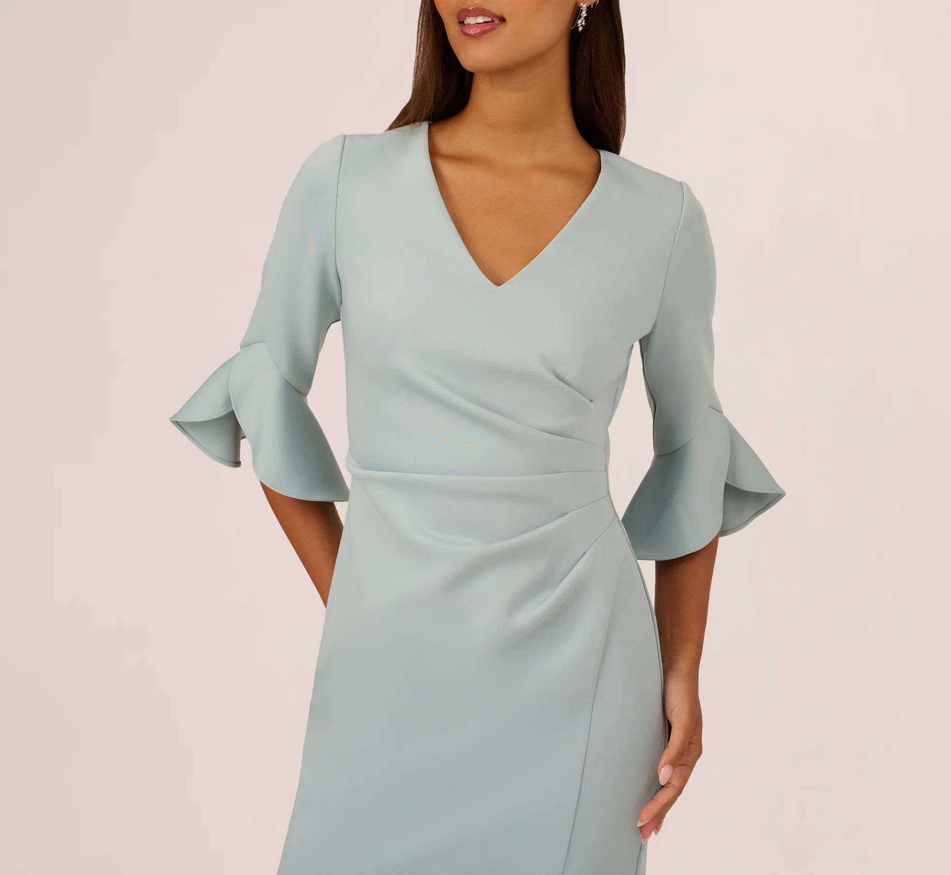 Sophisticated Satin Sheath V-Neck 3/4 Bell Sleeve Zipper Back Midi Mother of the Bride Dresses