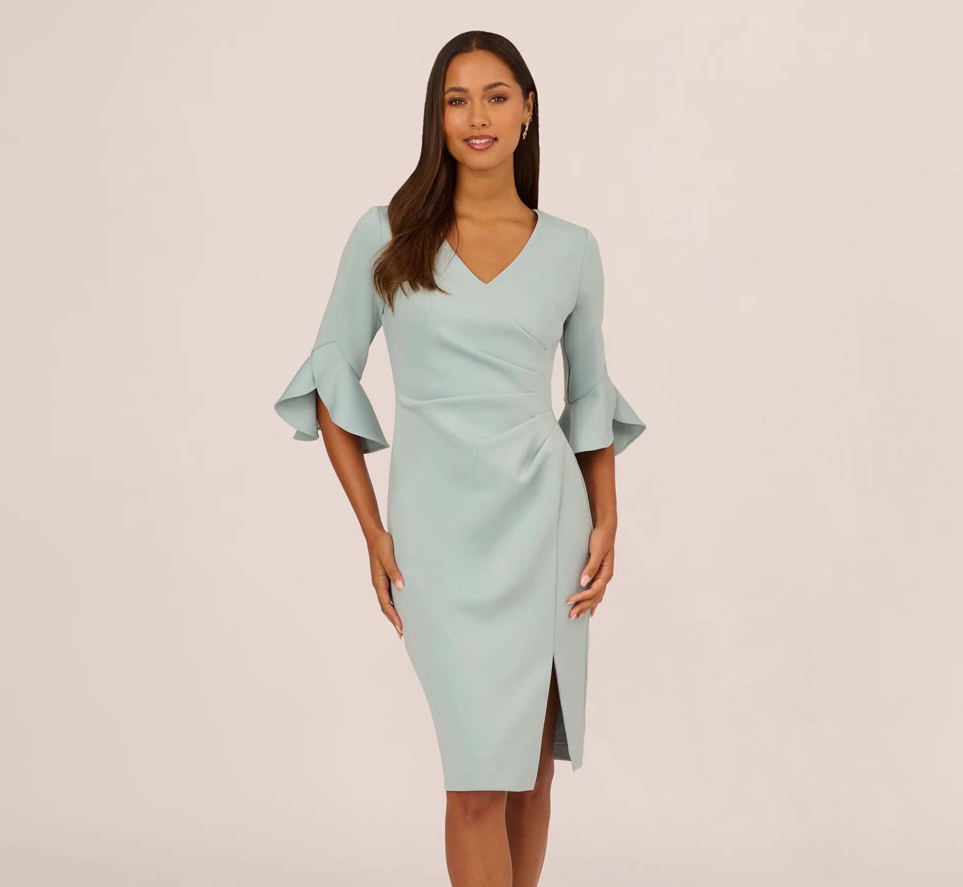 Sophisticated Satin Sheath V-Neck 3/4 Bell Sleeve Zipper Back Midi Mother of the Bride Dresses