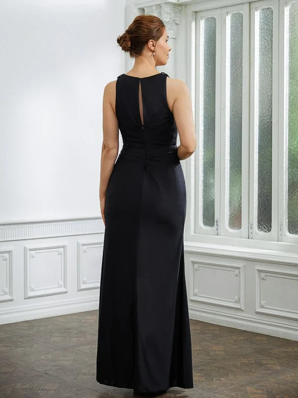 Sophisticated Satin Sheath V-Neck Sleeveless Keyhole Back Floor-Length Mother of the Bride Dresses