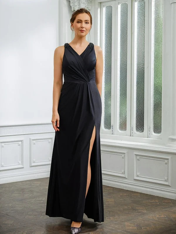 Sophisticated Satin Sheath V-Neck Sleeveless Keyhole Back Floor-Length Mother of the Bride Dresses