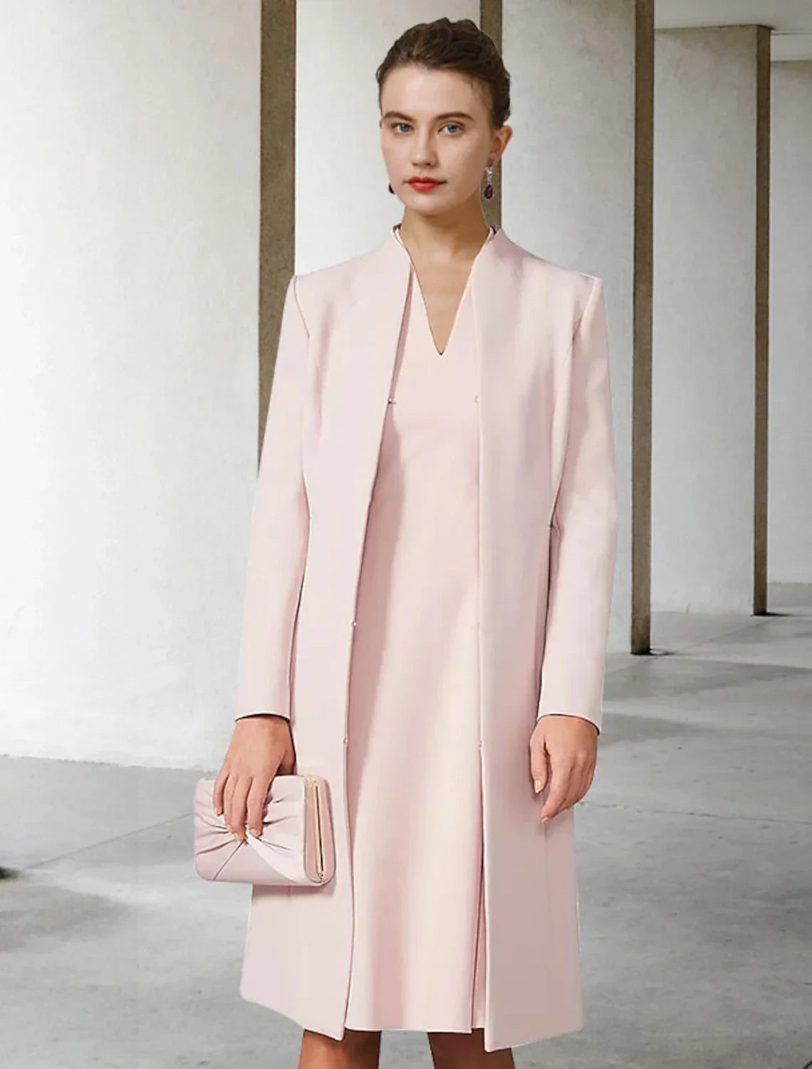 Sophisticated Satin Two Piece V-Neck Long Sleeve Plain Back Knee-Length Mother of the Bride Dresses