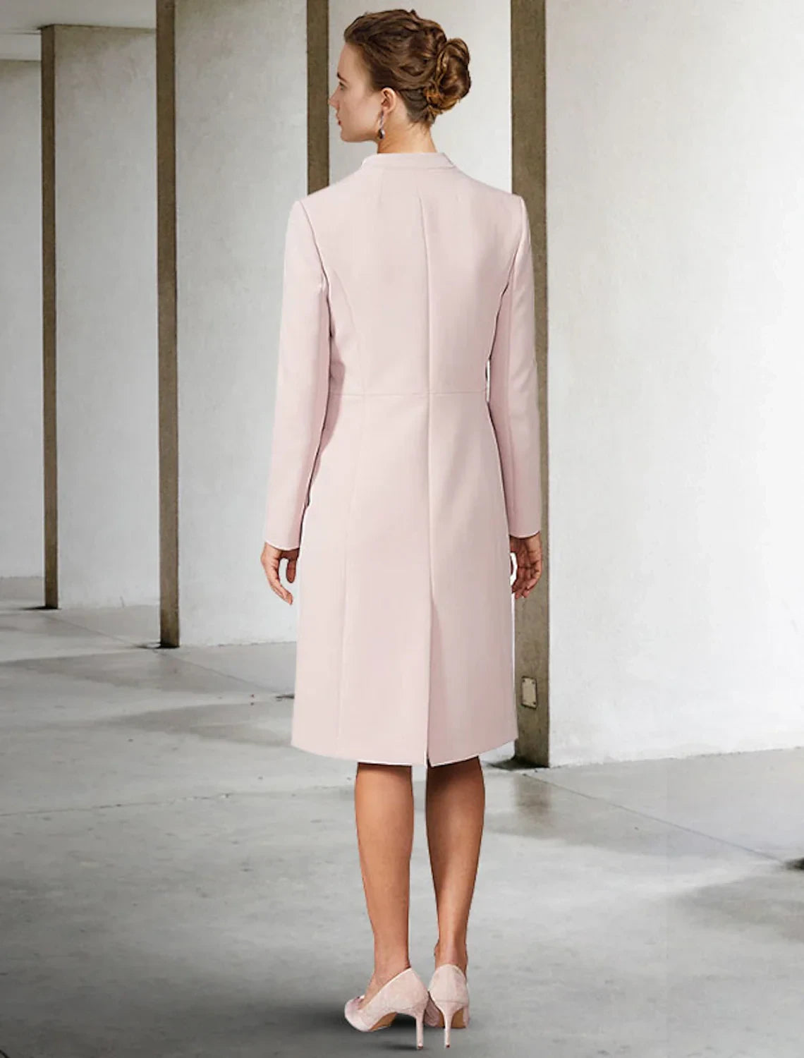 Sophisticated Satin Two Piece V-Neck Long Sleeve Plain Back Knee-Length Mother of the Bride Dresses