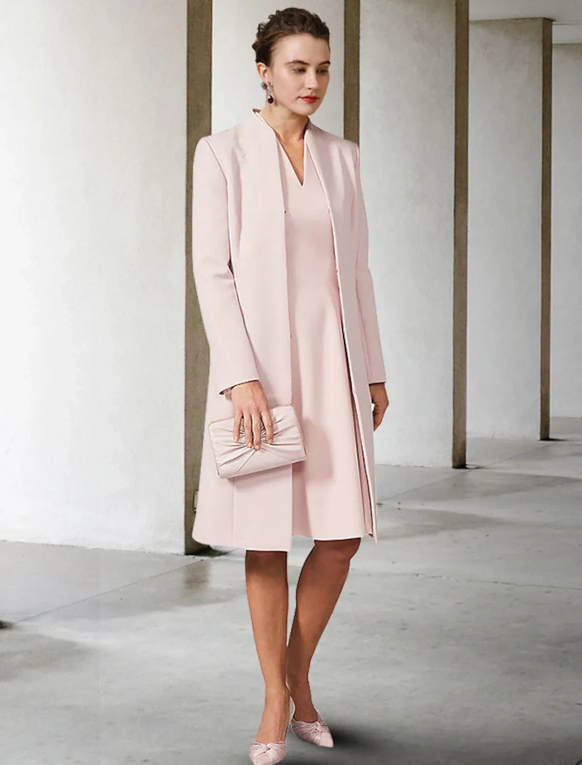 Sophisticated Satin Two Piece V-Neck Long Sleeve Plain Back Knee-Length Mother of the Bride Dresses