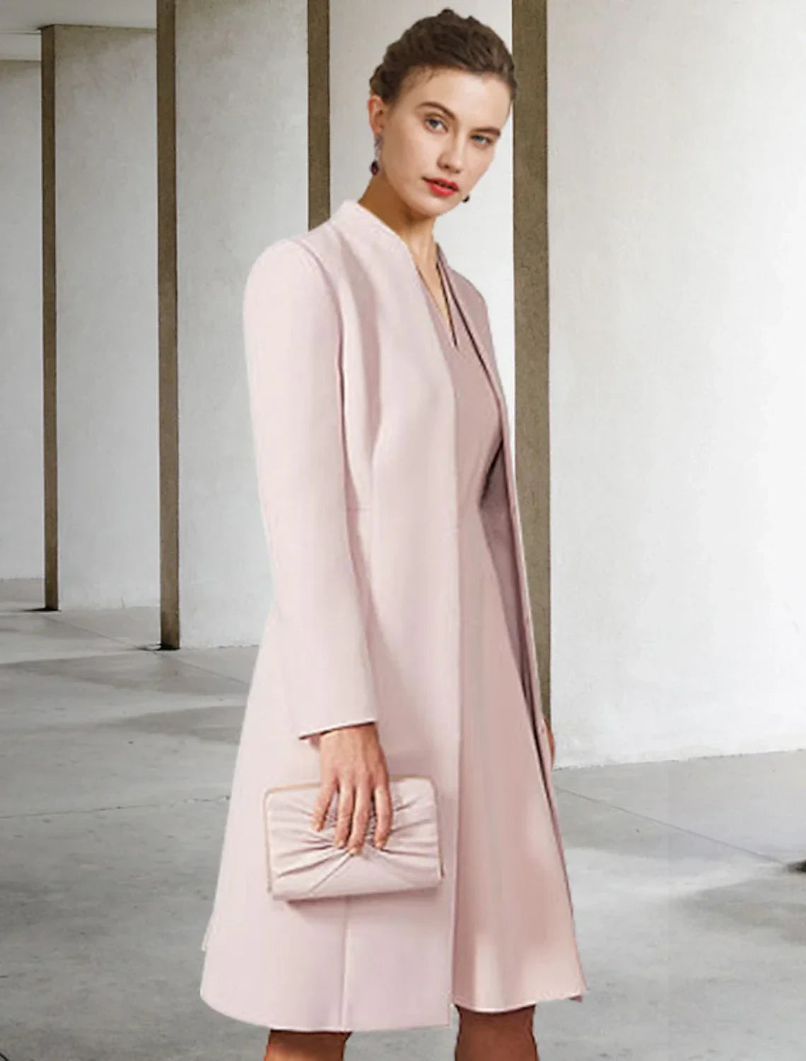 Sophisticated Satin Two Piece V-Neck Long Sleeve Plain Back Knee-Length Mother of the Bride Dresses