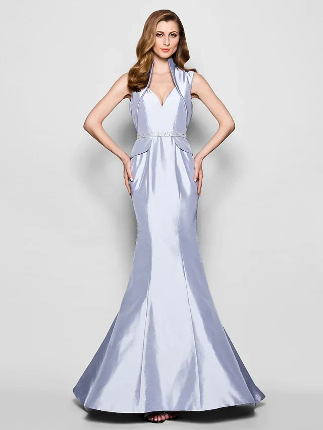 Sophisticated Two-Piece Satin Mermaid V-neck High Collar Sleeveless Keyhole Back Floor-Length Mother of the Bride Dresses