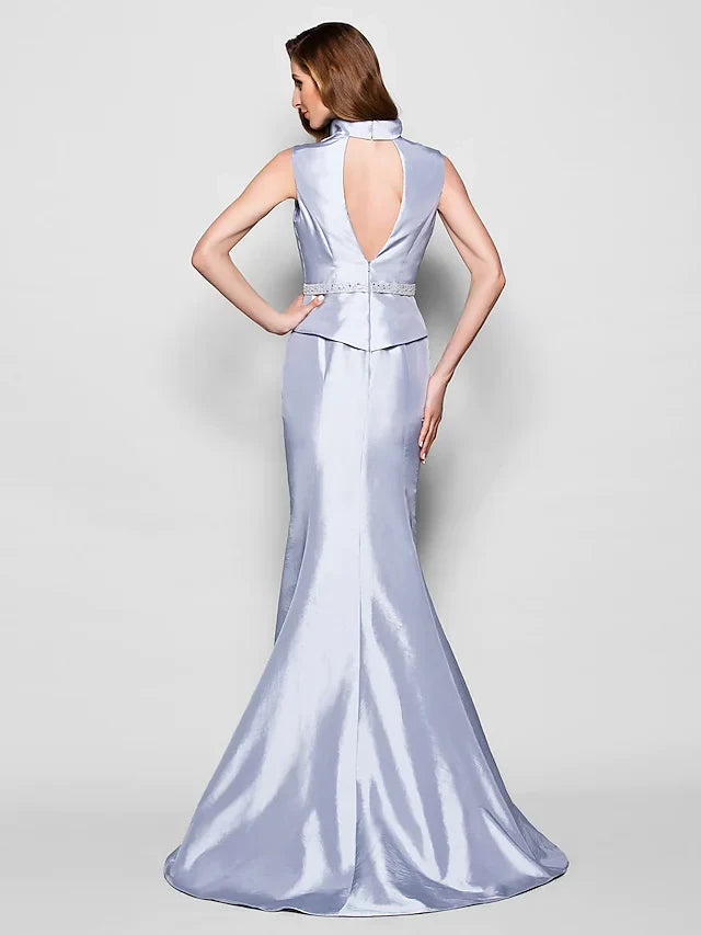 Sophisticated Two-Piece Satin Mermaid V-neck High Collar Sleeveless Keyhole Back Floor-Length Mother of the Bride Dresses