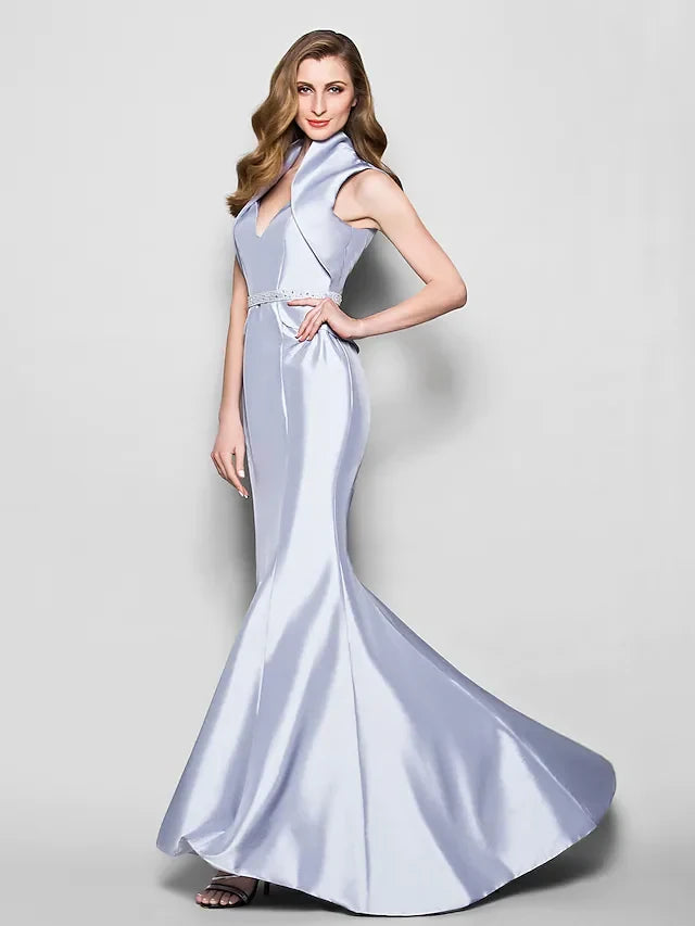 Sophisticated Two-Piece Satin Mermaid V-neck High Collar Sleeveless Keyhole Back Floor-Length Mother of the Bride Dresses