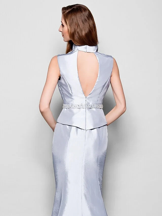 Sophisticated Two-Piece Satin Mermaid V-neck High Collar Sleeveless Keyhole Back Floor-Length Mother of the Bride Dresses