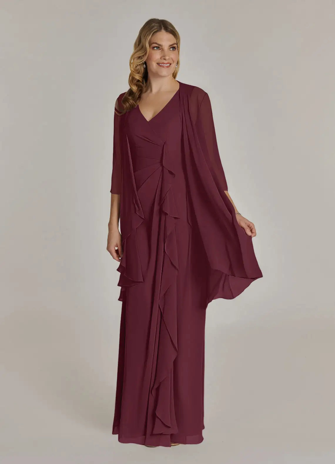 Sophisticated draped mermaid V-neck sleeveless keyhole-back floor-length mother of the bride gown