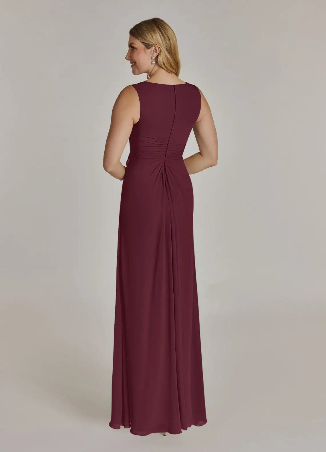 Sophisticated draped mermaid V-neck sleeveless keyhole-back floor-length mother of the bride gown