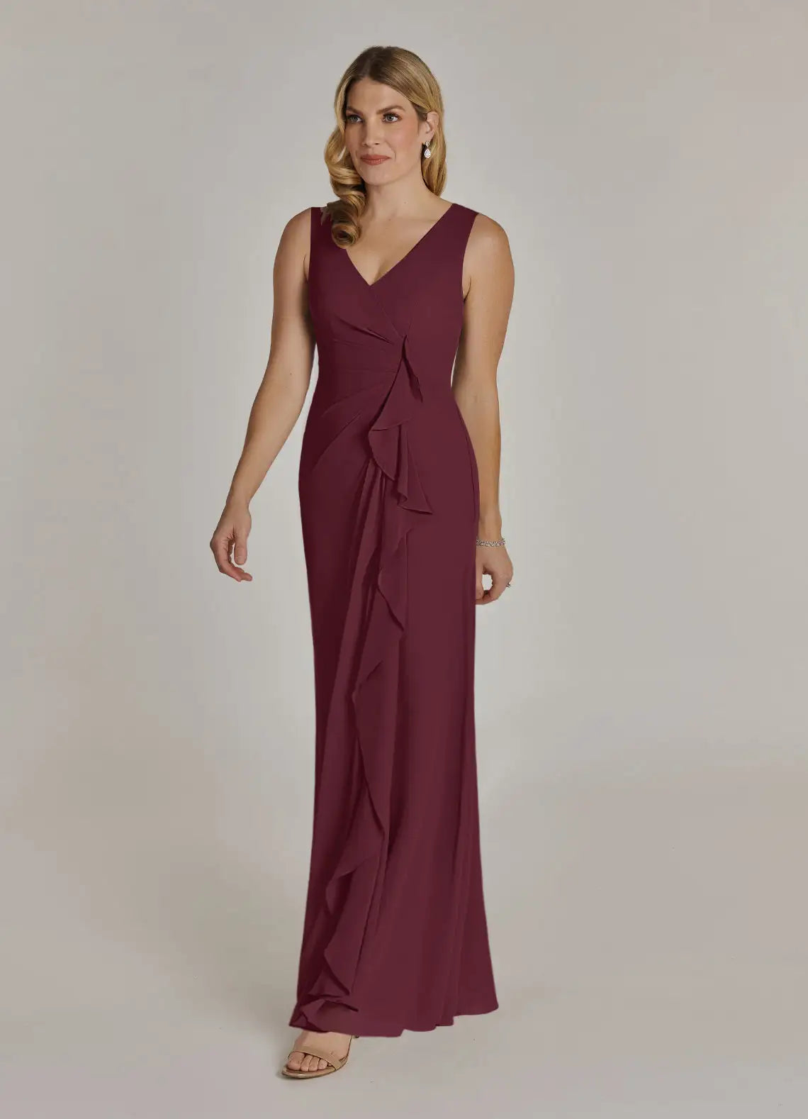 Sophisticated draped mermaid V-neck sleeveless keyhole-back floor-length mother of the bride gown