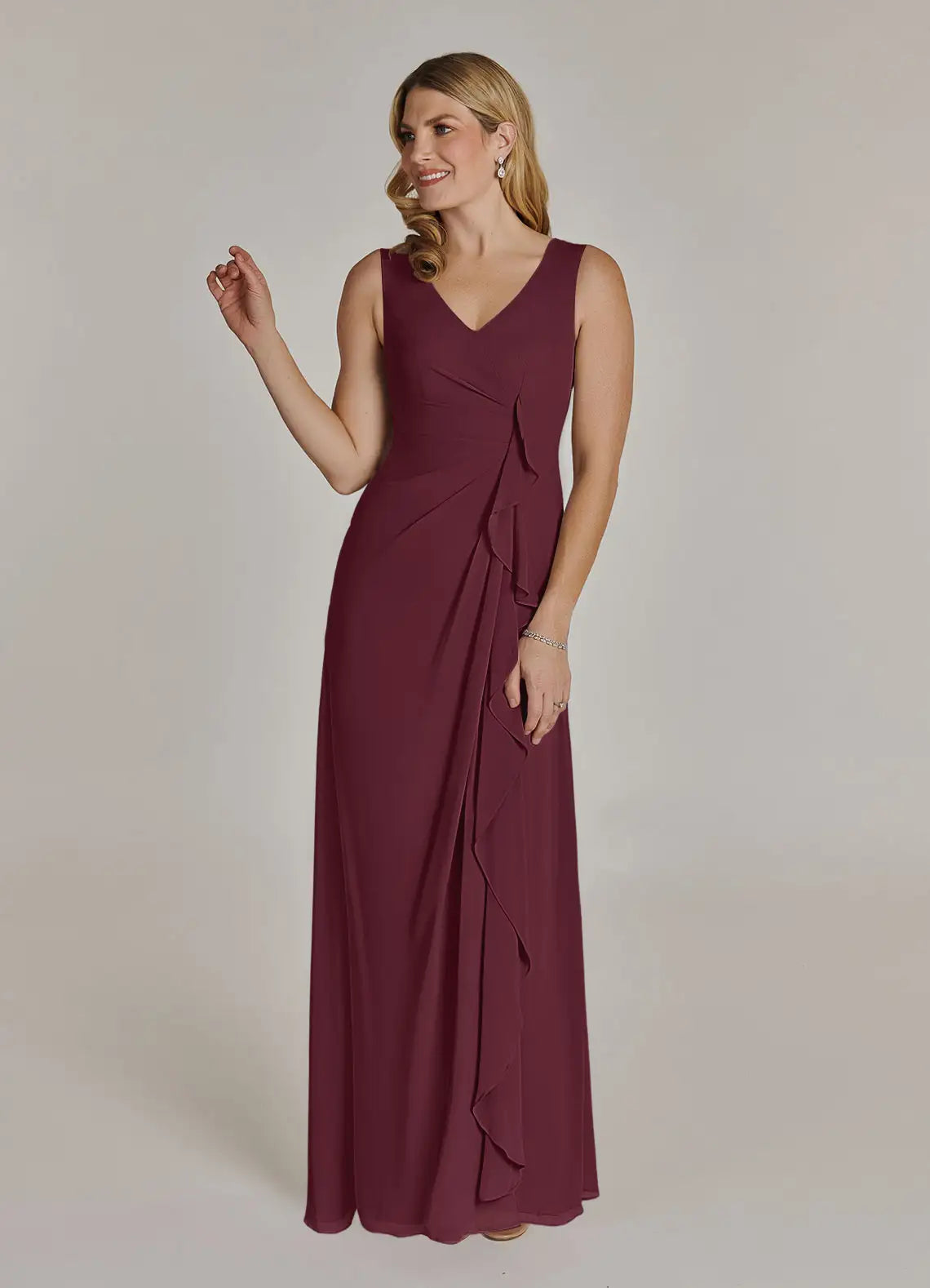 Sophisticated draped mermaid V-neck sleeveless keyhole-back floor-length mother of the bride gown