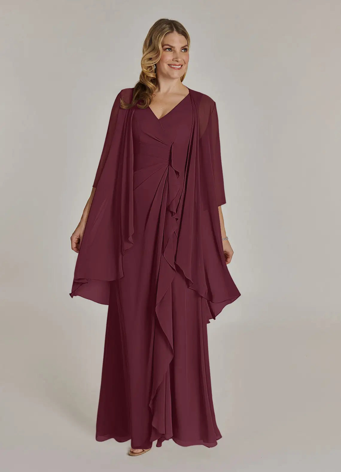 Sophisticated draped mermaid V-neck sleeveless keyhole-back floor-length mother of the bride gown