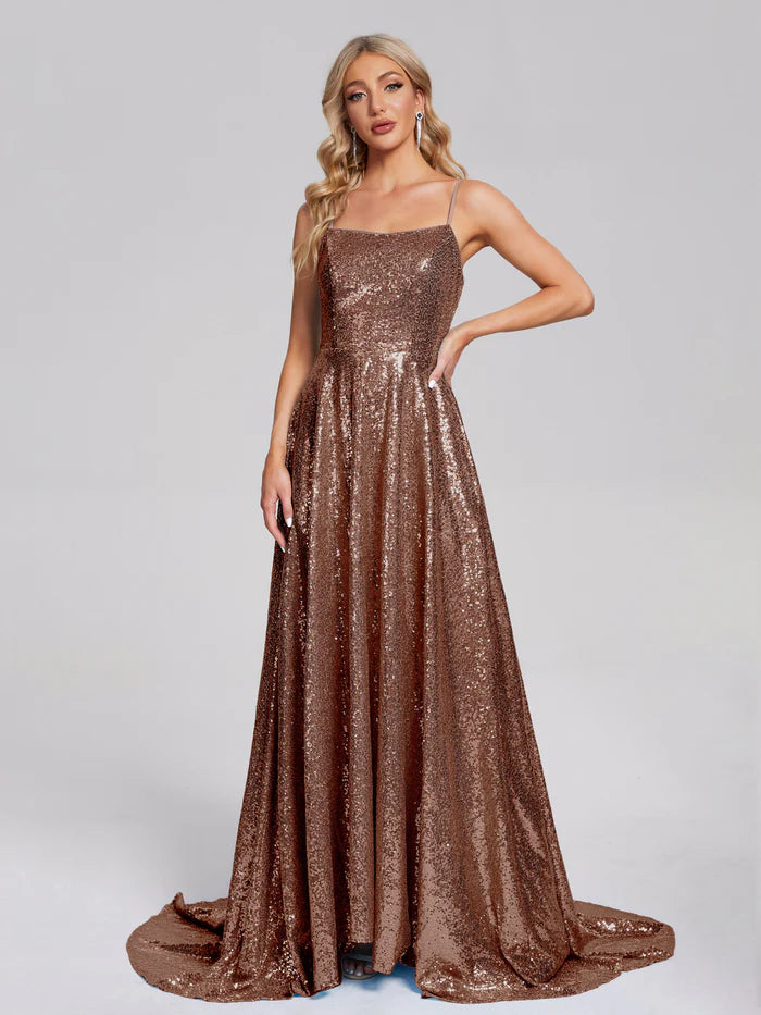 Shinning Spaghetti Straps Square Neck Sequins Unique Design Prom Dress