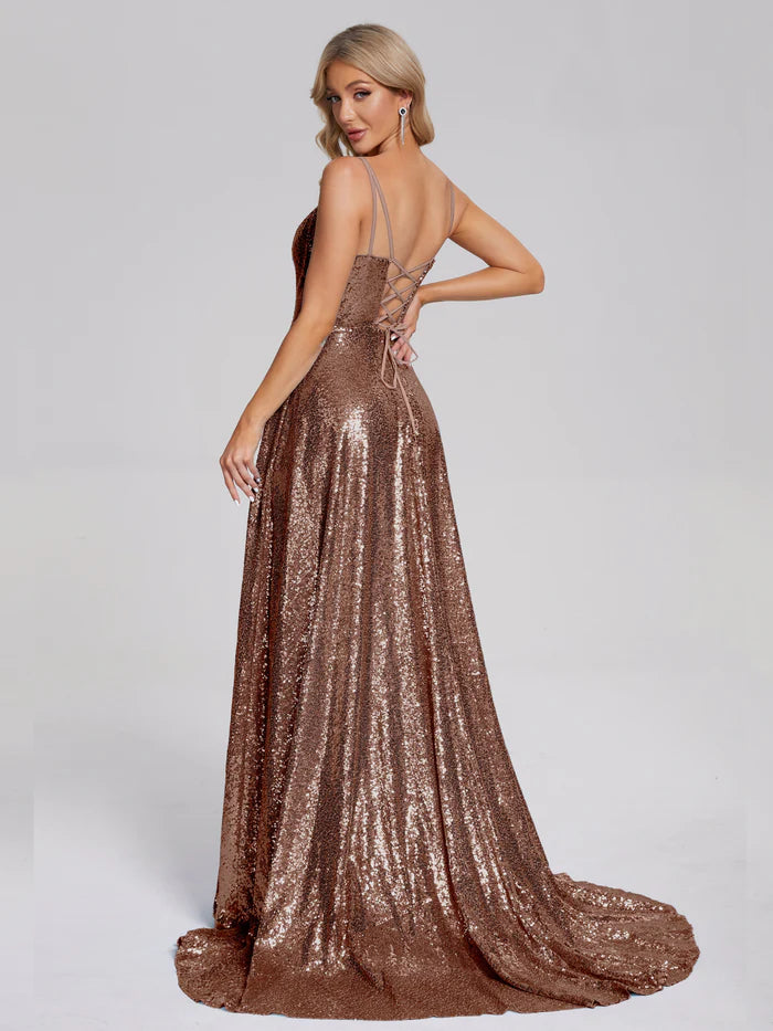 Shinning Spaghetti Straps Square Neck Sequins Unique Design Prom Dress