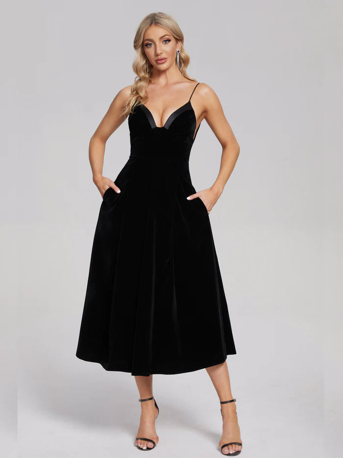 V-Neck Spaghetti Straps Velvet Unique Design Prom Dress