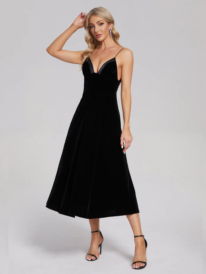 V-Neck Spaghetti Straps Velvet Unique Design Prom Dress