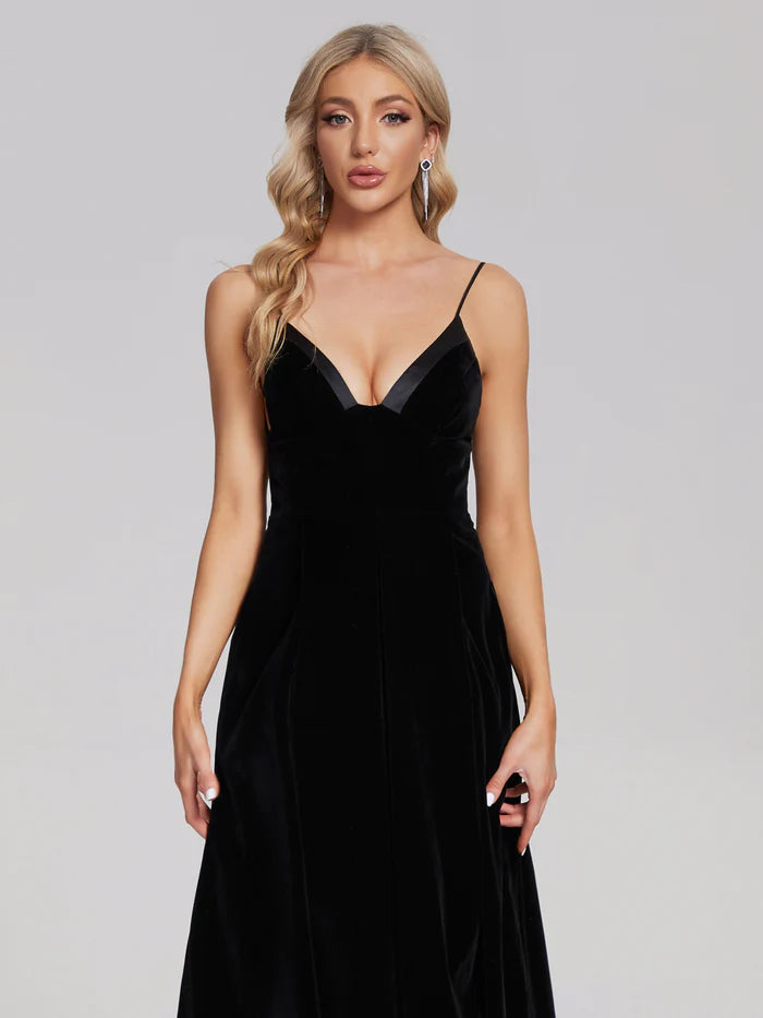 V-Neck Spaghetti Straps Velvet Unique Design Prom Dress
