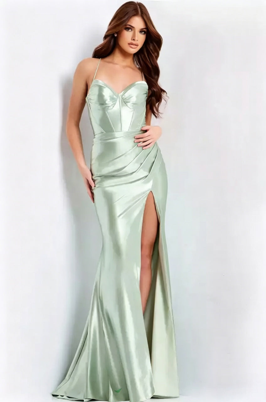 Spaghetti Strap Corset Lace-Up Back High Slit Satin Mermaid Floor-Length Evening Dresses