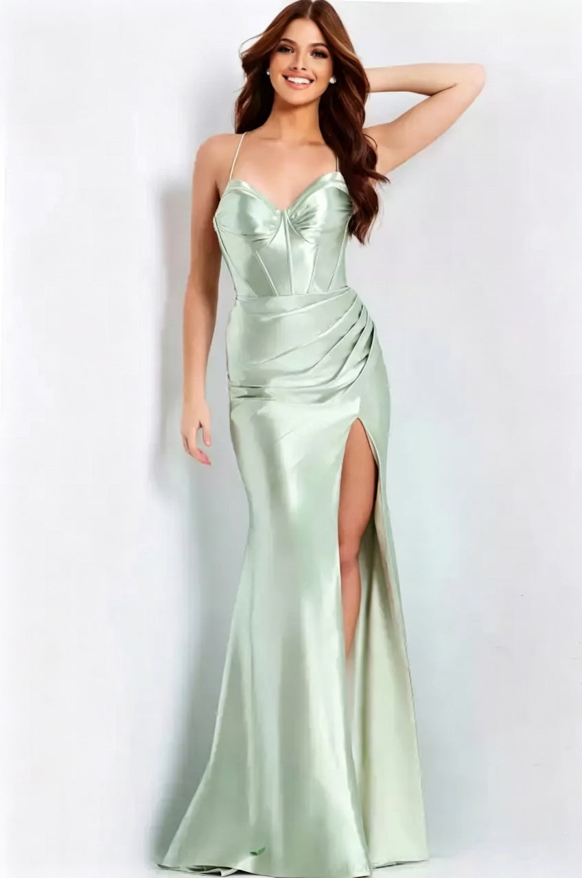 Spaghetti Strap Corset Lace-Up Back High Slit Satin Mermaid Floor-Length Evening Dresses