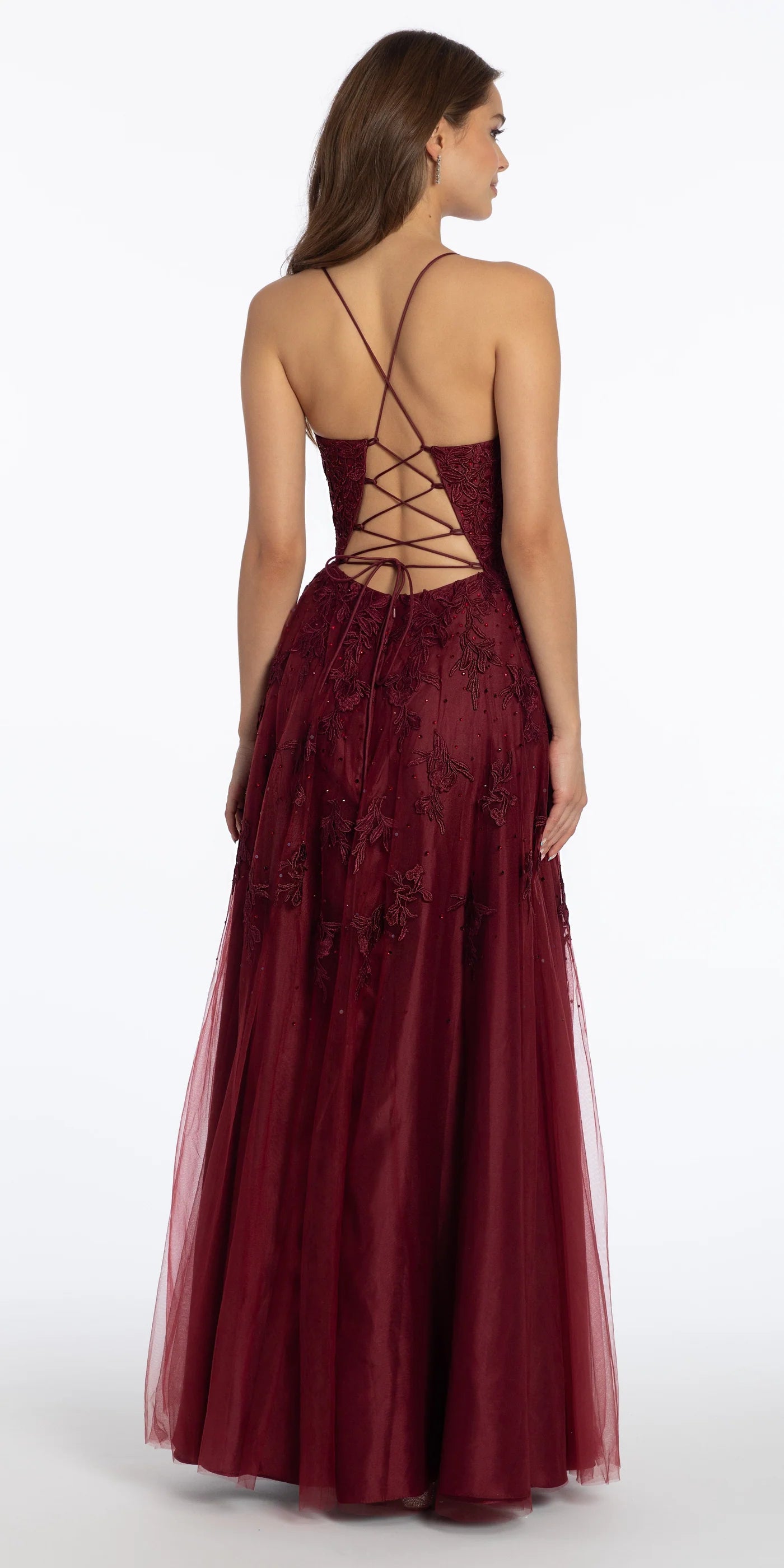 Spaghetti Strap Embroidered Tulle A-Line Evening Dresses with Lace-Up Back and Side Slit