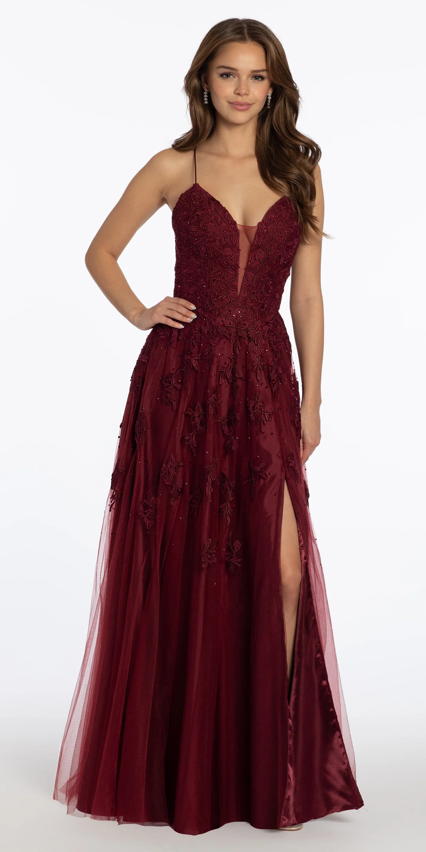 Spaghetti Strap Embroidered Tulle A-Line Evening Dresses with Lace-Up Back and Side Slit