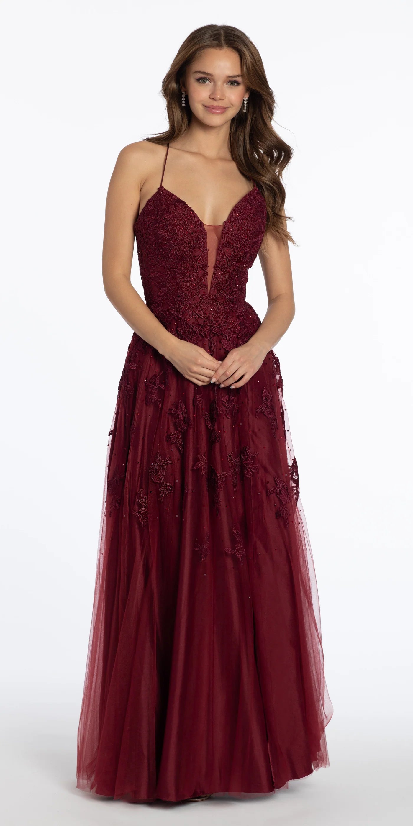 Spaghetti Strap Embroidered Tulle A-Line Evening Dresses with Lace-Up Back and Side Slit