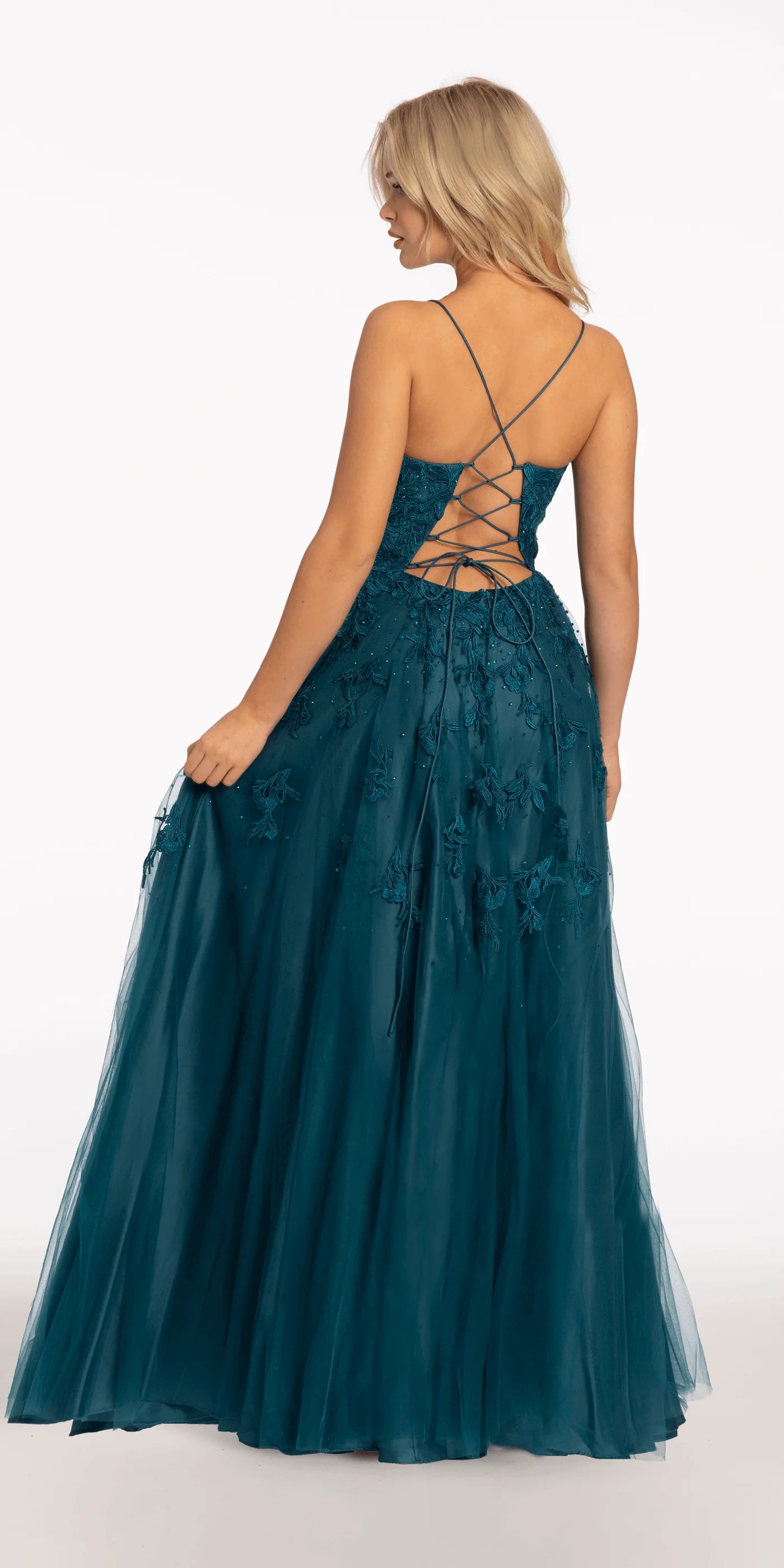 Spaghetti Strap Embroidered Tulle A-Line Evening Dresses with Lace-Up Back and Side Slit