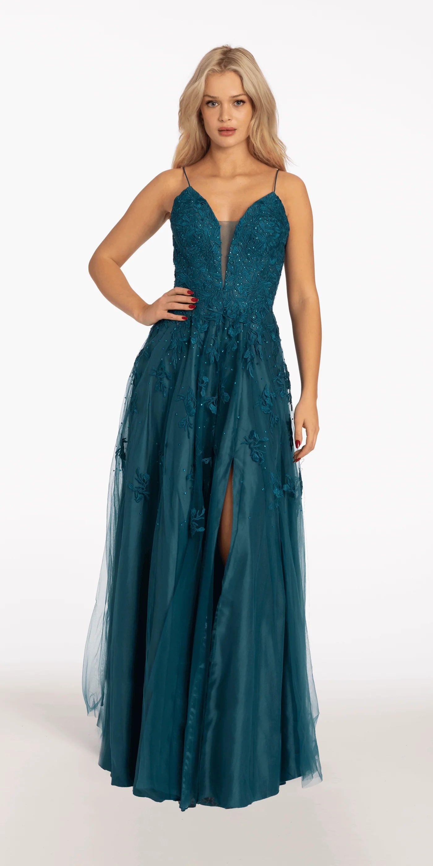 Spaghetti Strap Embroidered Tulle A-Line Evening Dresses with Lace-Up Back and Side Slit