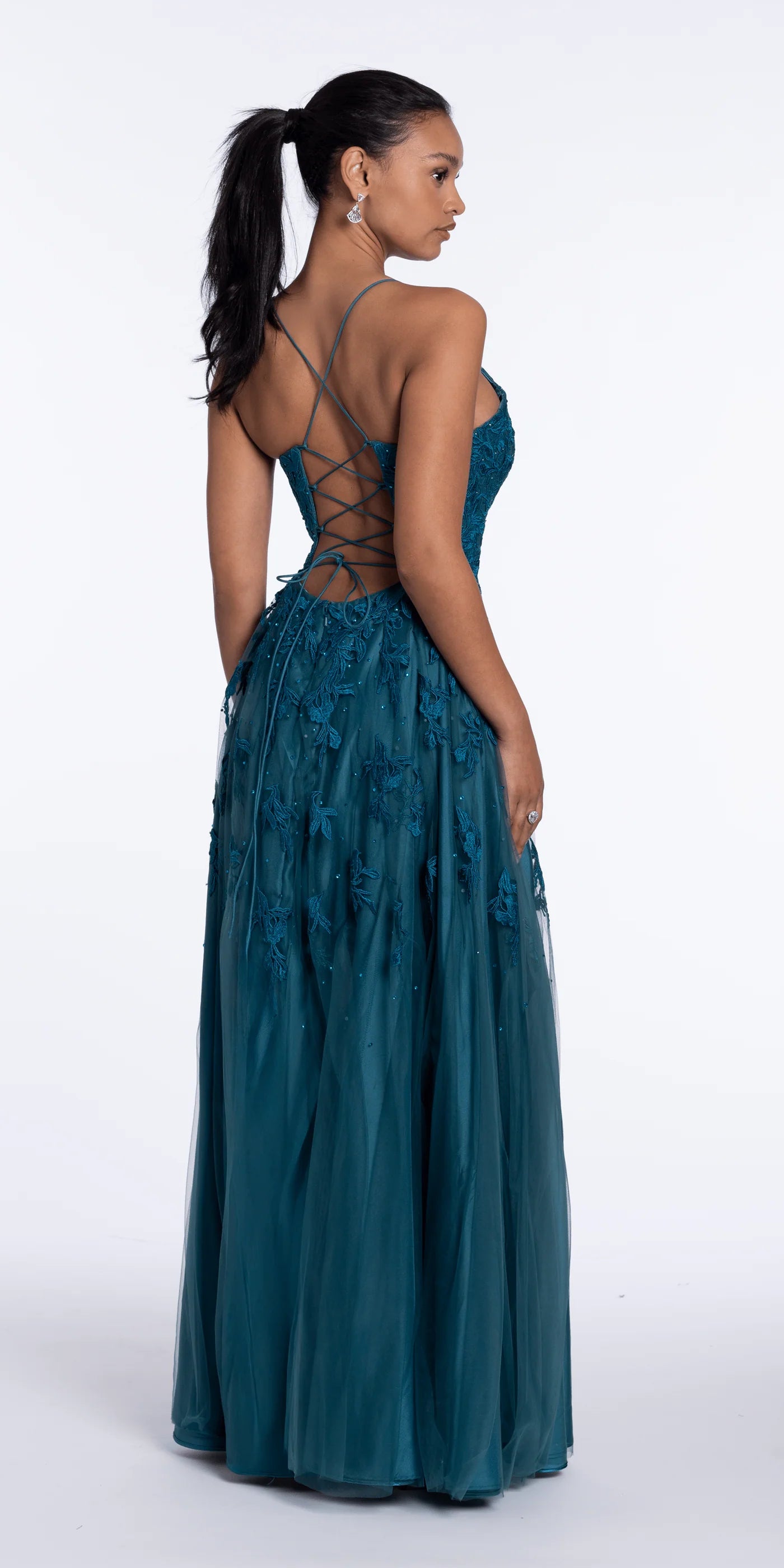 Spaghetti Strap Embroidered Tulle A-Line Evening Dresses with Lace-Up Back and Side Slit