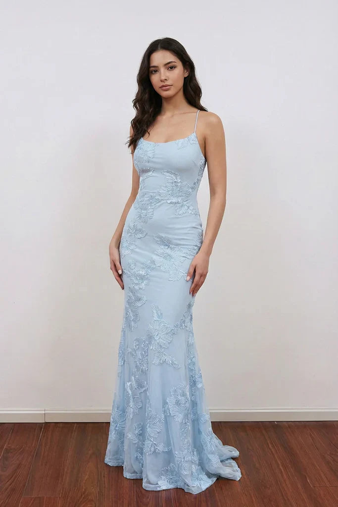 Spaghetti Strap Floral Lace Crisscross Back Mermaid Floor Length Formal Prom Dress