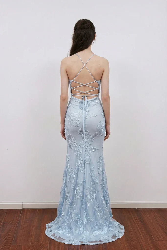 Spaghetti Strap Floral Lace Crisscross Back Mermaid Floor Length Formal Prom Dress