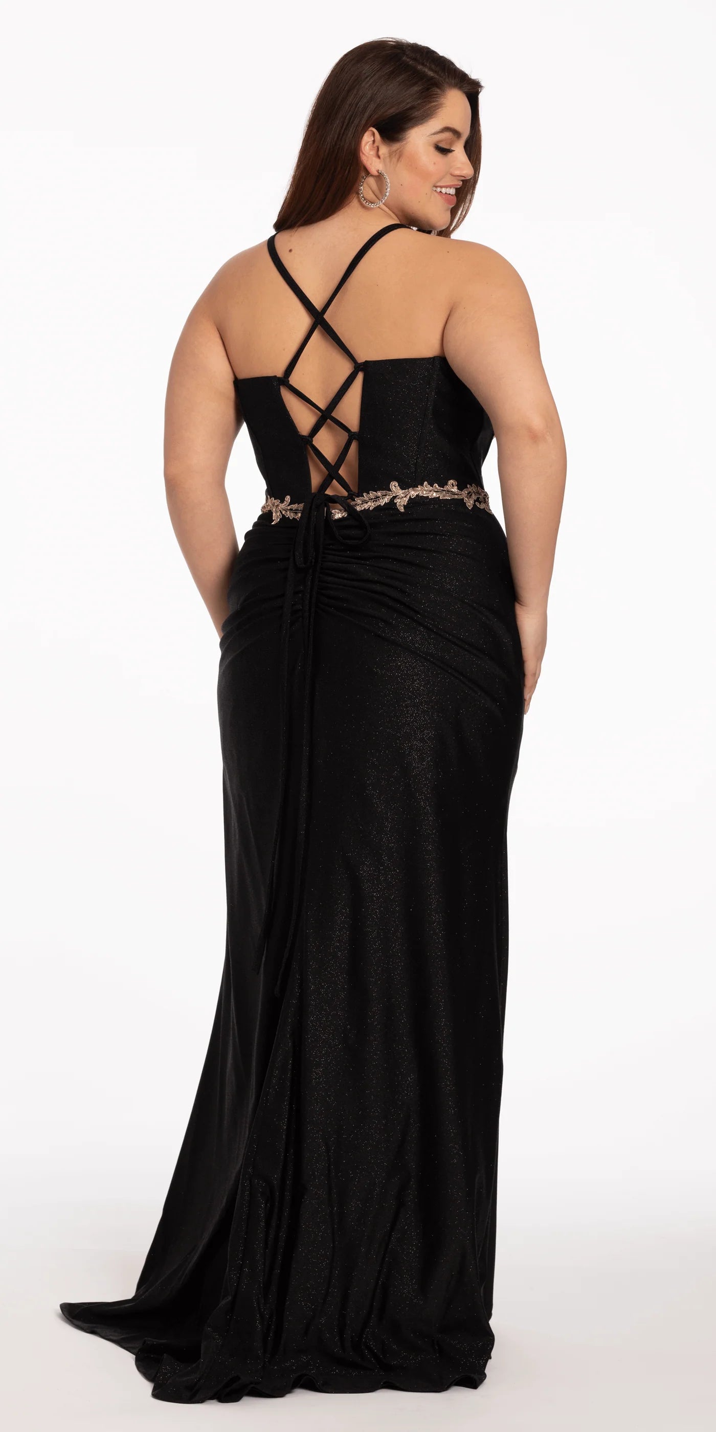 Spaghetti Strap Glitter Mermaid Evening Dresses with Embroidery and Lace-Up Back