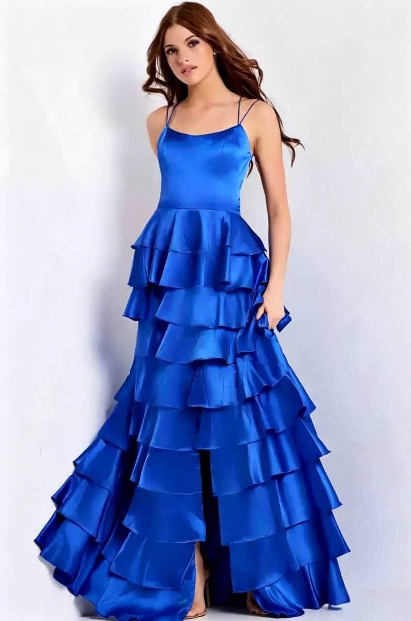 Spaghetti Strap Lace-Up Back Tiered Ruffle Satin Floor-Length Evening Dresses