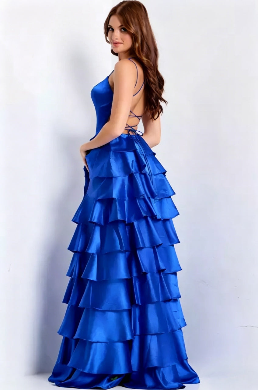 Spaghetti Strap Lace-Up Back Tiered Ruffle Satin Floor-Length Evening Dresses