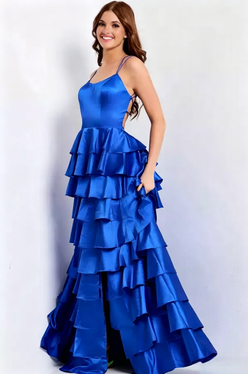 Spaghetti Strap Lace-Up Back Tiered Ruffle Satin Floor-Length Evening Dresses