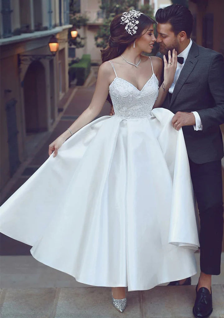 Spaghetti Strap Lace Bodice Satin Tea Length Wedding Dress Backless A Line Bridal Gown