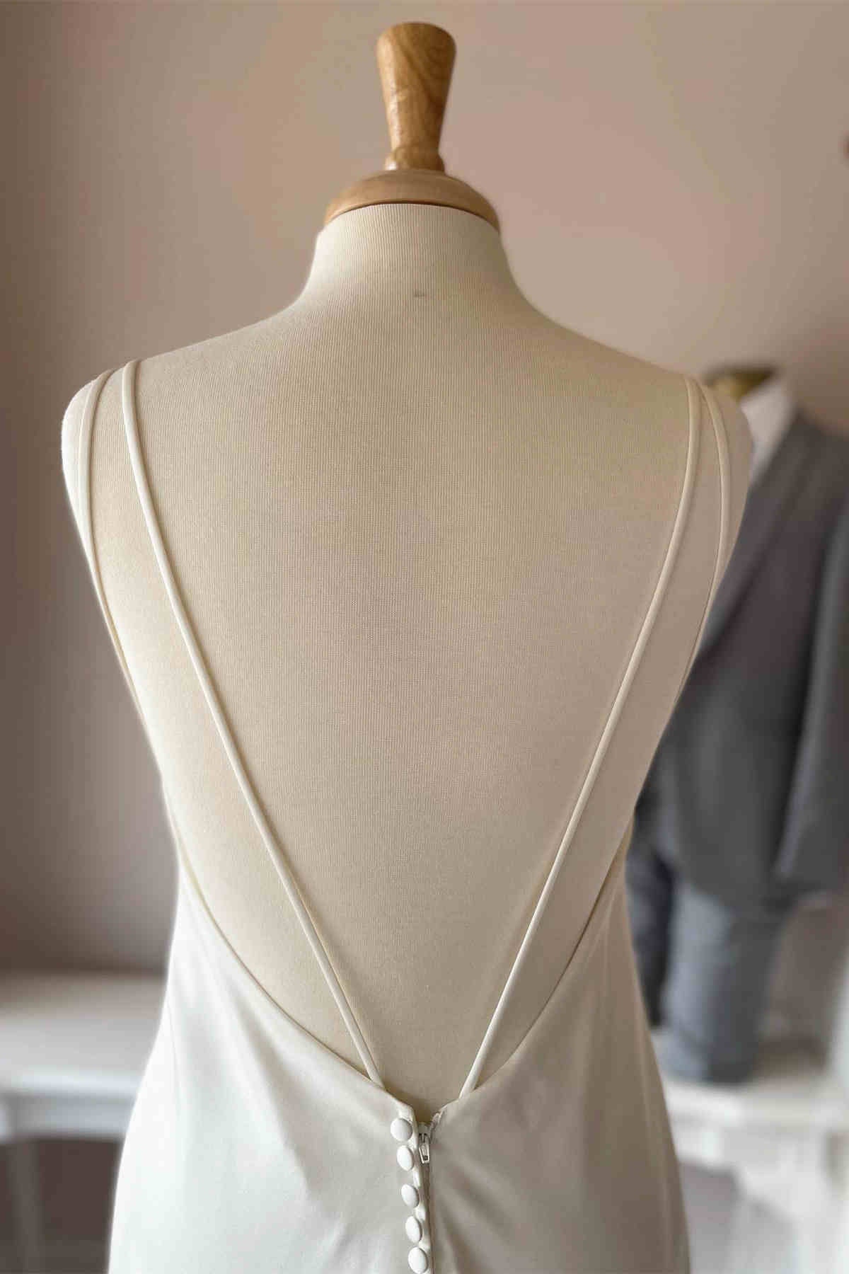 Spaghetti Strap Satin Wedding Dresses with Cowl Neck, Deep V-Back, Covered Button Closure and Mermaid Silhouette Bridal Gown