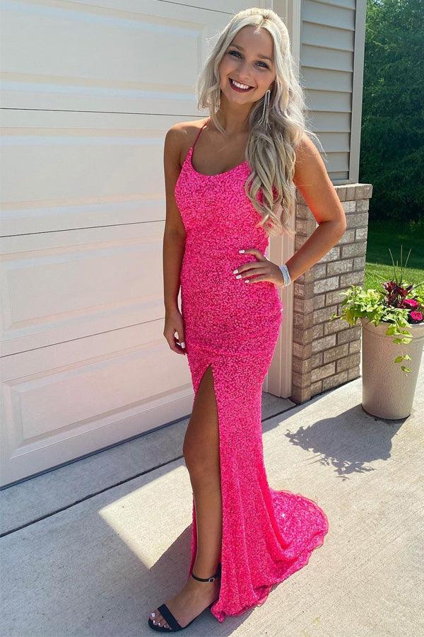 Spaghetti Strap Scoop Neck Lace-Up Back Sequin Mermaid Slit Floor Length Formal Prom Dress
