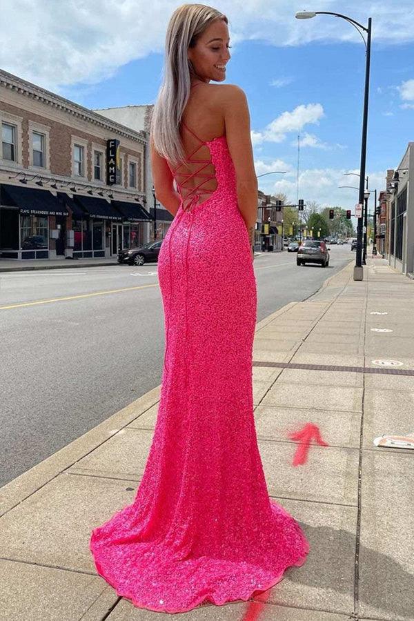 Spaghetti Strap Scoop Neck Lace-Up Back Sequin Mermaid Slit Floor Length Formal Prom Dress