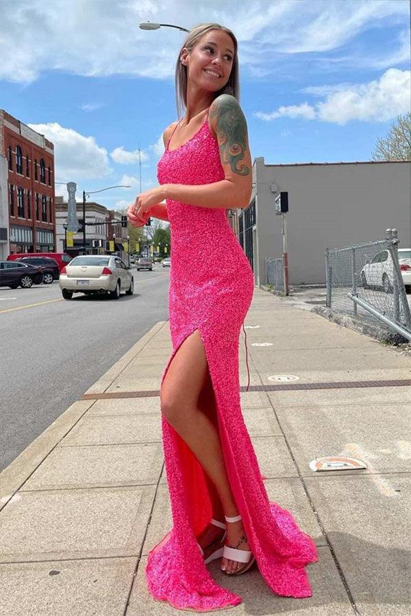 Spaghetti Strap Scoop Neck Lace-Up Back Sequin Mermaid Slit Floor Length Formal Prom Dress