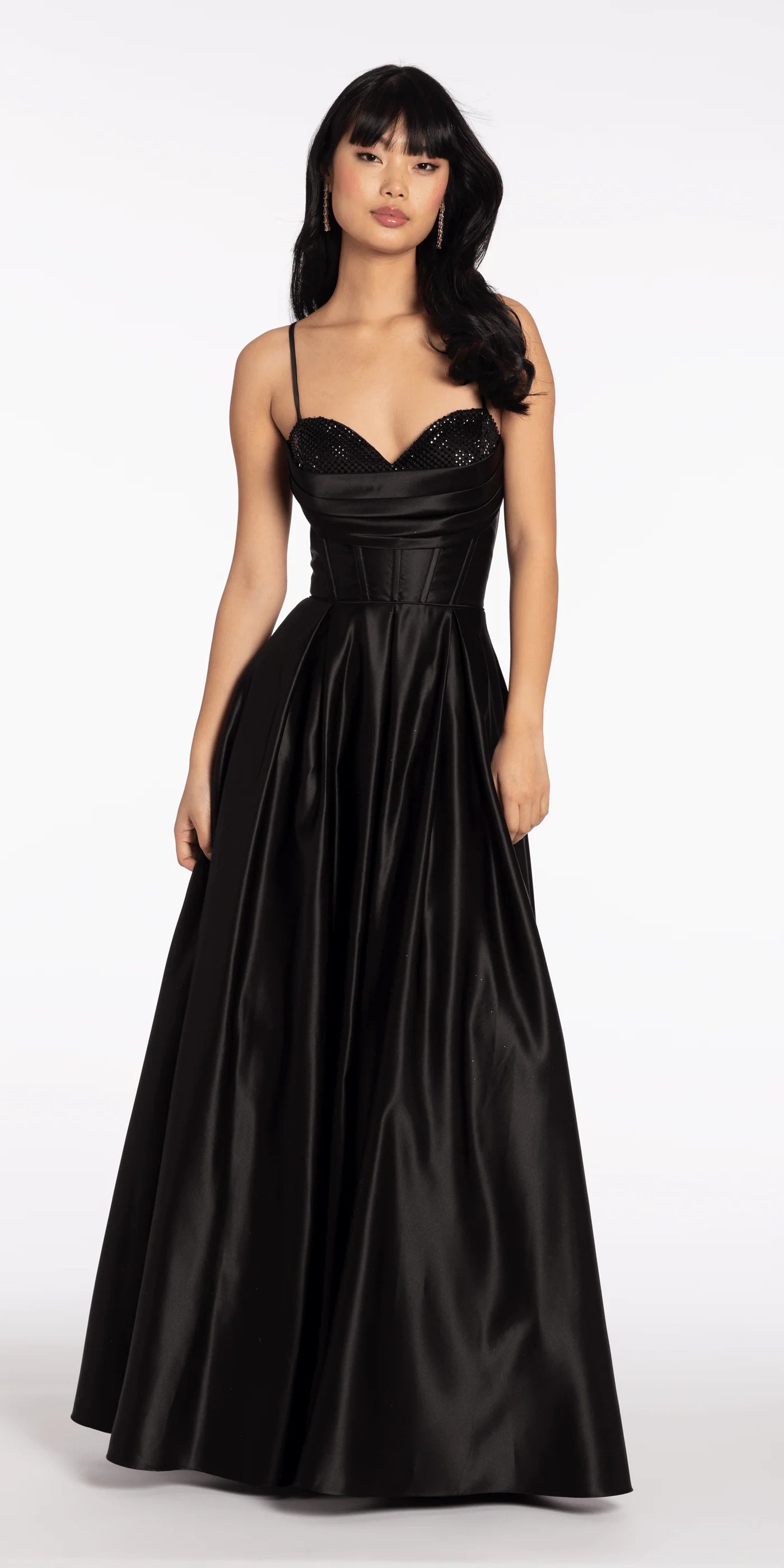Spaghetti Strap Sequin Bust Corset Satin Evening Dresses with Lace-Up Back and Pockets