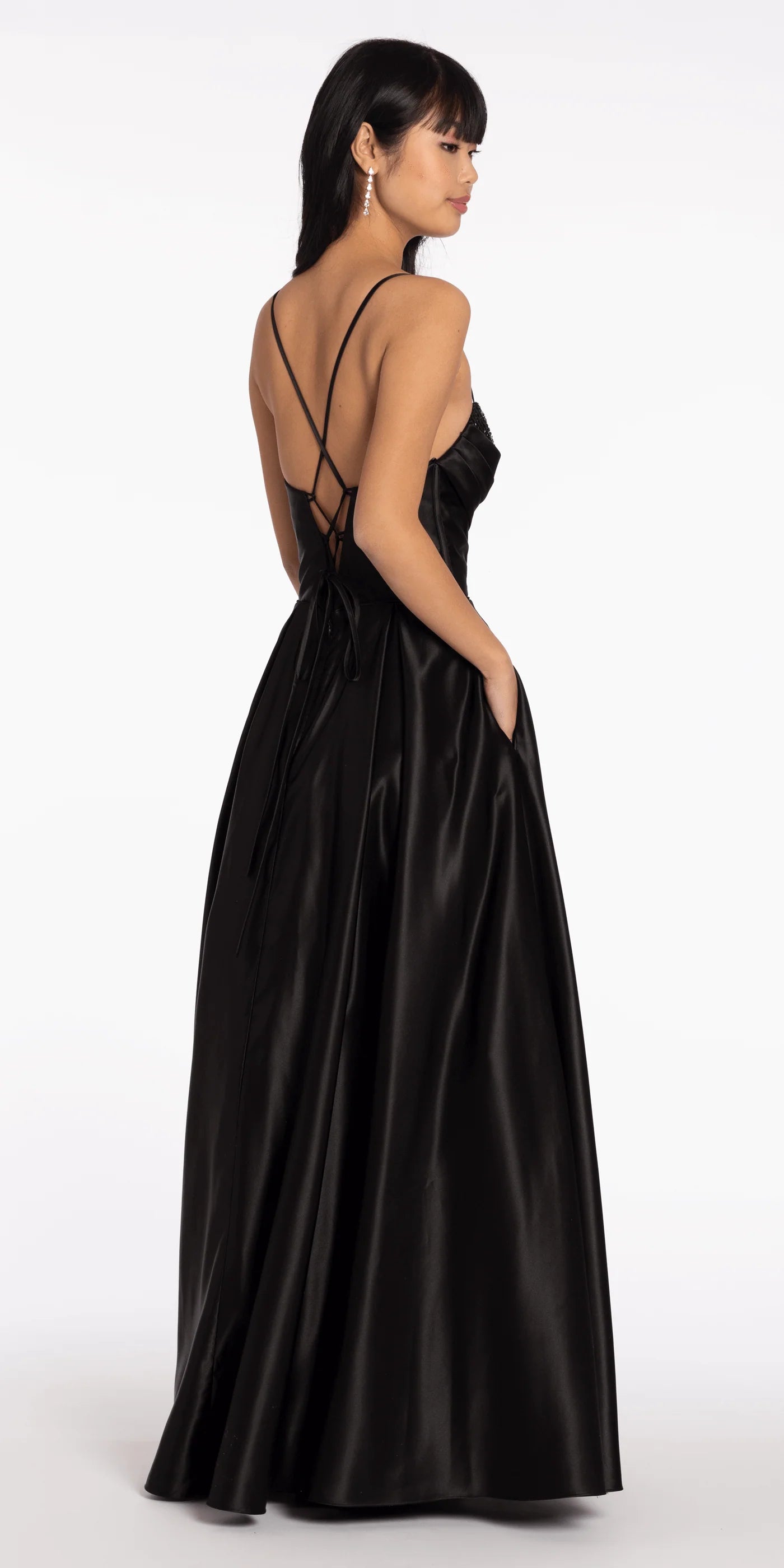 Spaghetti Strap Sequin Bust Corset Satin Evening Dresses with Lace-Up Back and Pockets