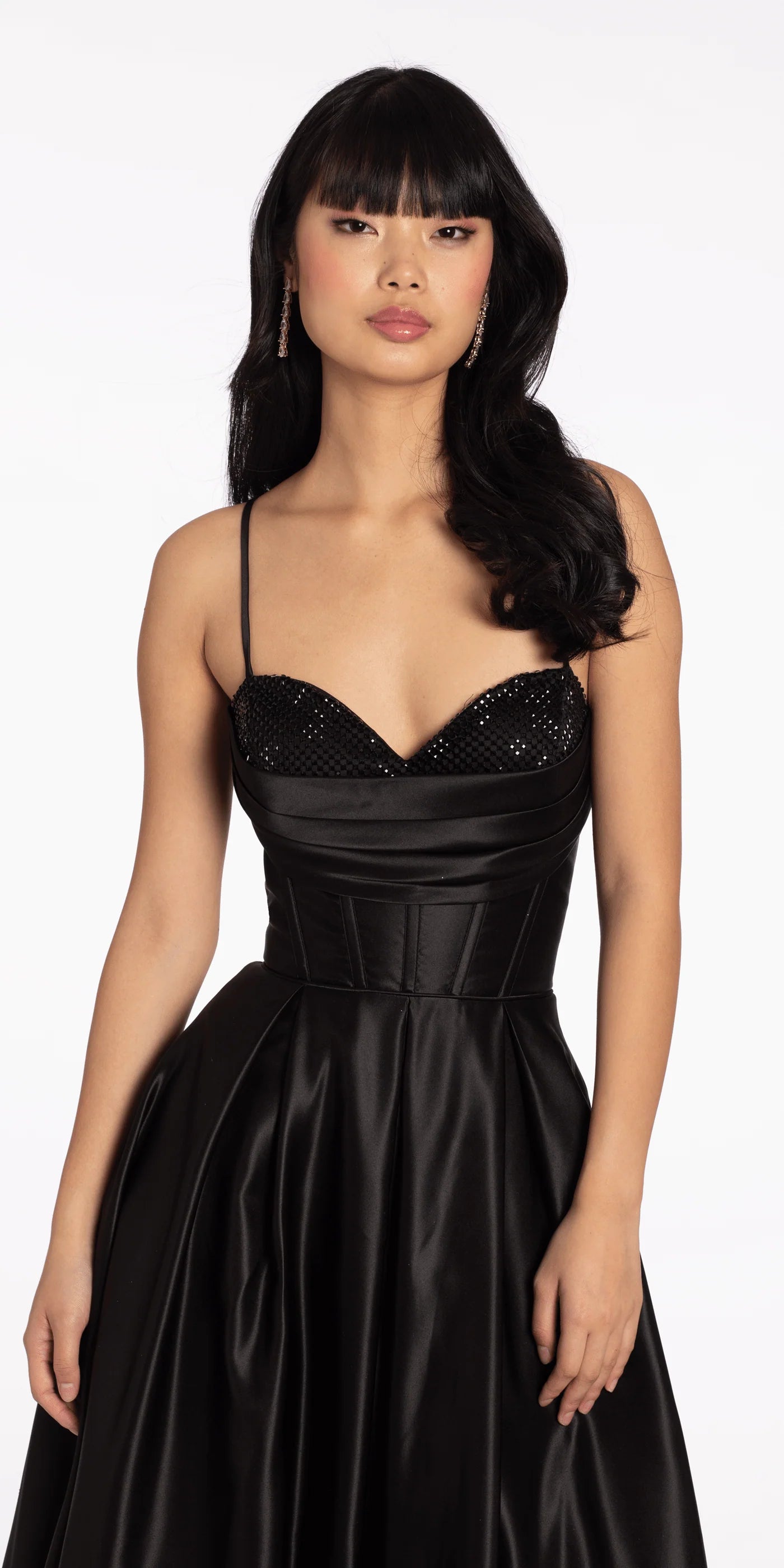 Spaghetti Strap Sequin Bust Corset Satin Evening Dresses with Lace-Up Back and Pockets