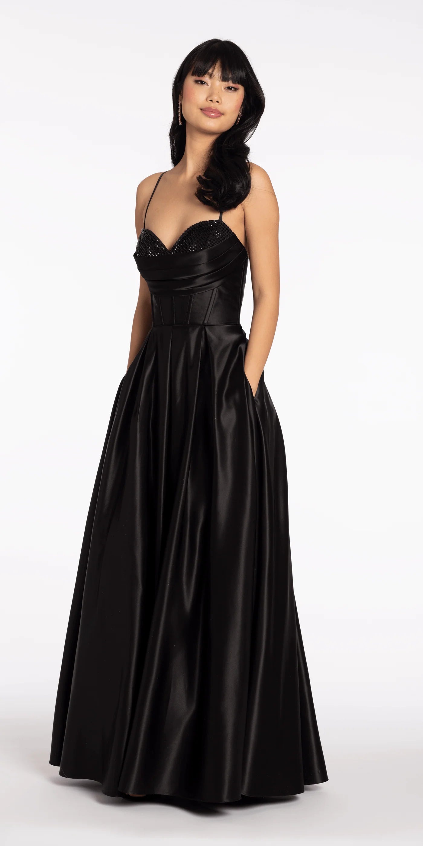 Spaghetti Strap Sequin Bust Corset Satin Evening Dresses with Lace-Up Back and Pockets