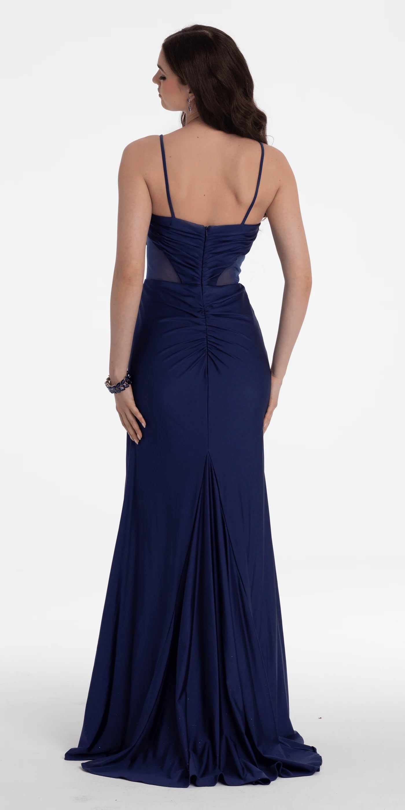 Spaghetti Strap Sequin Bust Jersey Mermaid Evening Dresses with Sheer Mesh Waist Panel