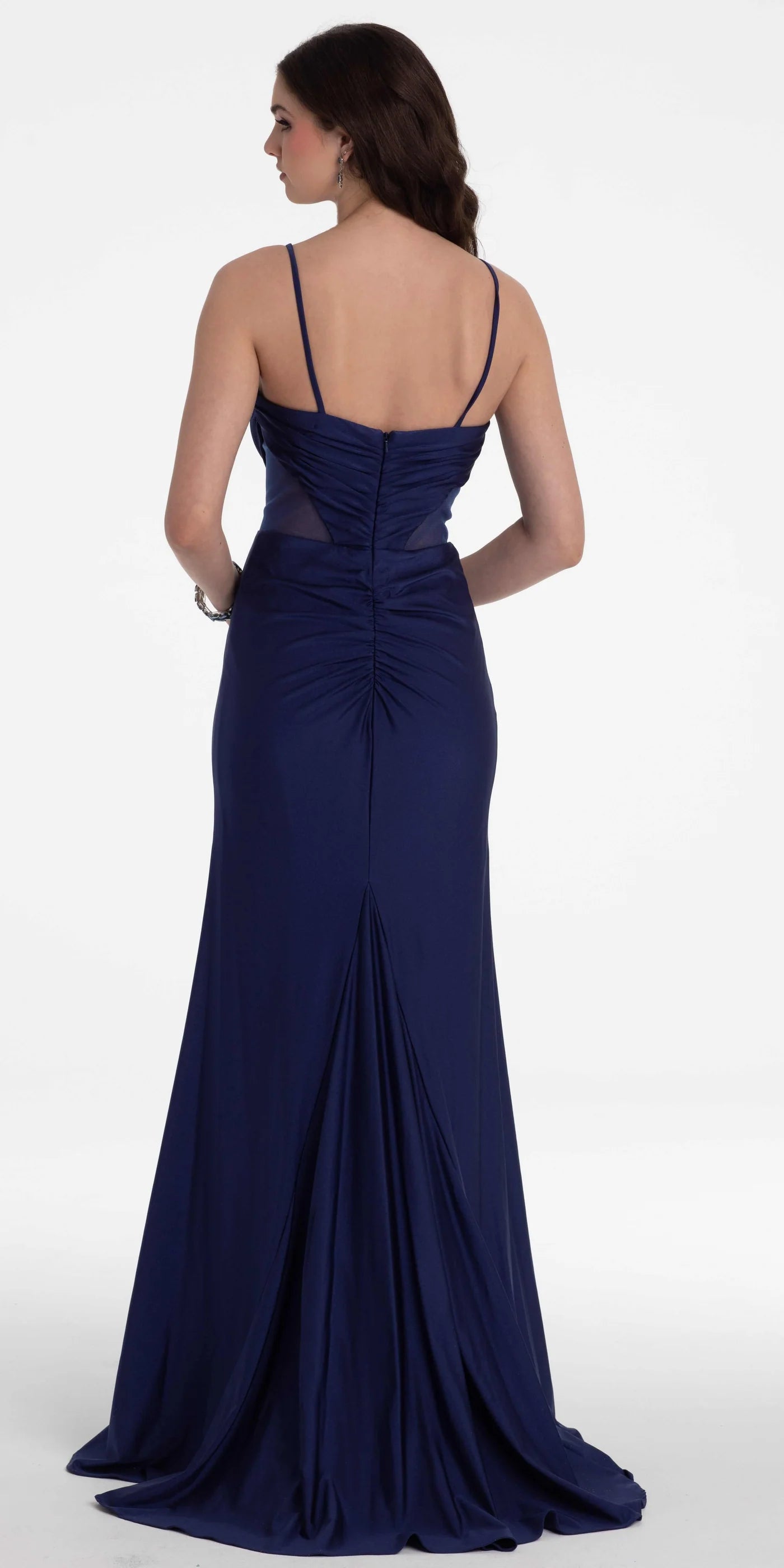Spaghetti Strap Sequin Bust Jersey Mermaid Evening Dresses with Sheer Mesh Waist Panel